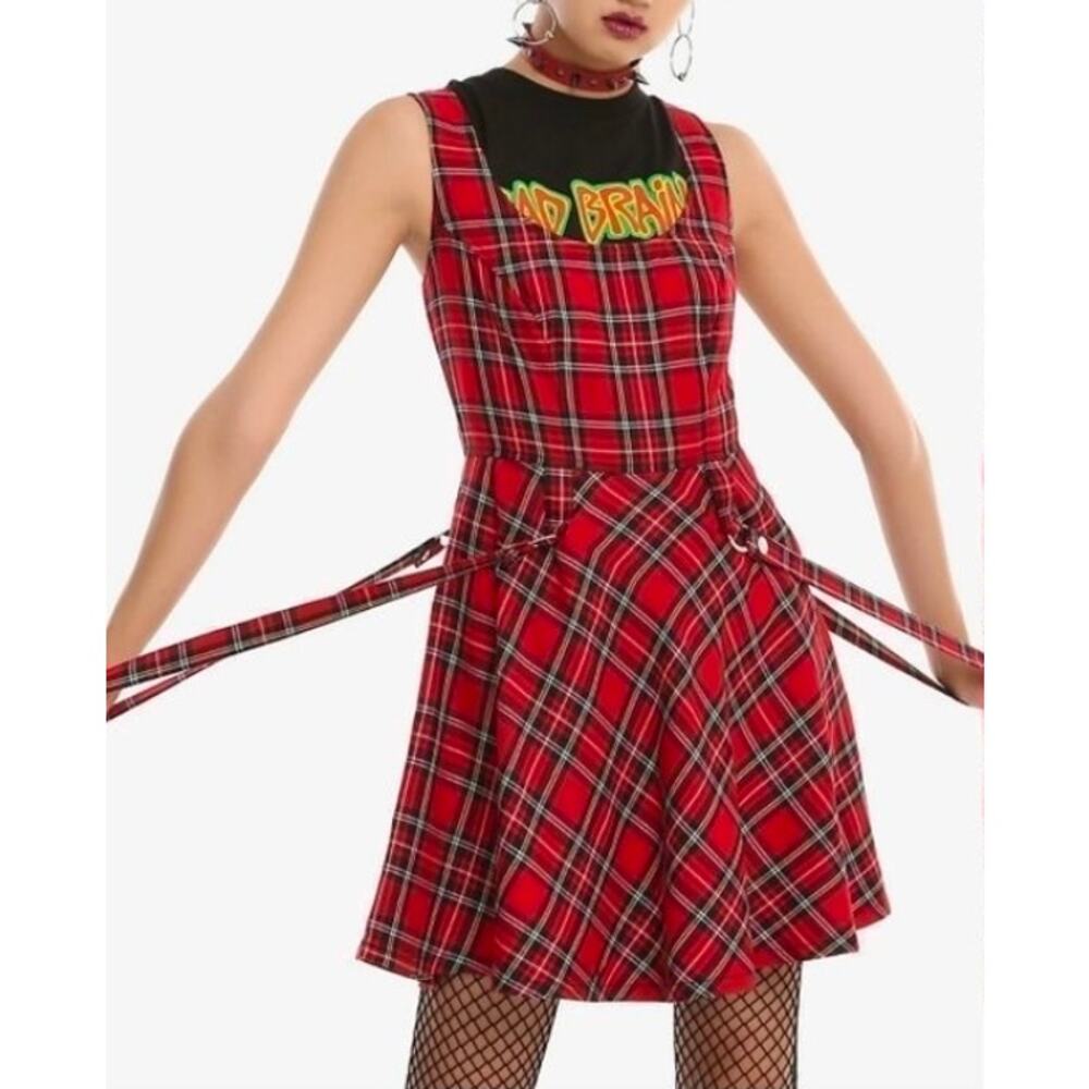 Tripp NYC Red Plaid Suspender Mini Dress M Y2k Punk Rocker Alt Emo Skater Girl - Picture 3 of 9